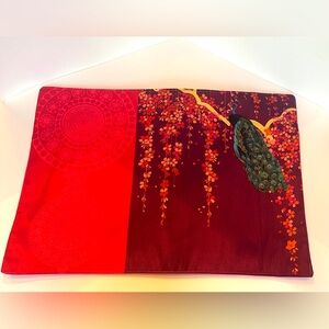 Elegant Red and Burgundy Peacock Kitchen Linen Placemats Set of 6